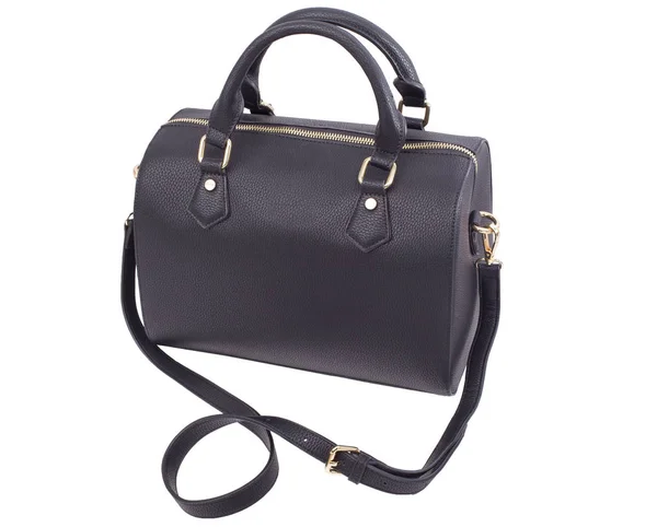 Schwarze Handtasche Auf Weißem Hintergrund Schwarze Lederhandtasche Für Frauen — Stockfoto