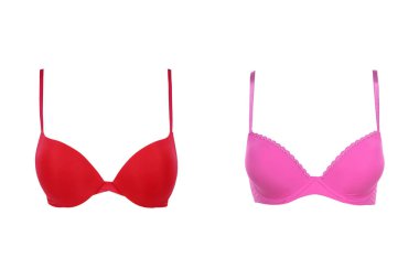 Kırmızı ve pembe sutyen seksi, izole. Seks pembe ve kırmızı sutyen, beyaz arka plan.