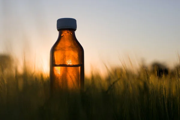 Pengobatan Herbal Adalah Ruang Untuk Teks Botol Minyak Esensial Ladang — Stok Foto