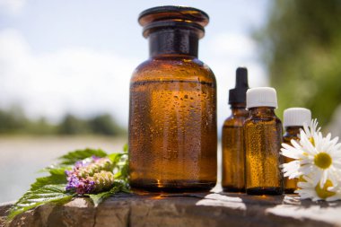 Arka planda cam şişelerde bulunan doğal yağlar kozmetolojide saf organik malzemeler kavramı. Banyo aksesuarları, uyum atmosferi, rahatlama. Sağlıklı yaşam tarzı