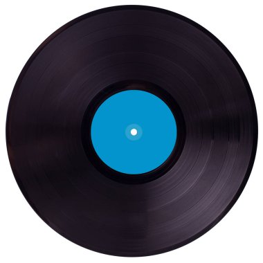 Beyaz arkaplanda mavi boş etiketli VINYL RECORD.