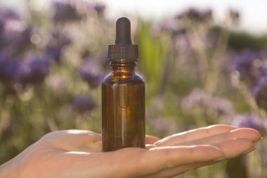 Bir şişe esaslı yağ aromalı modern eczacı. Seçici odak.