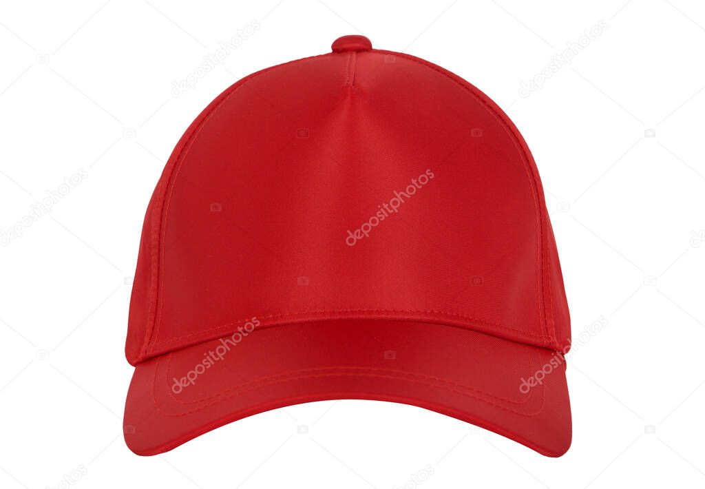 Red blank baseball cap closeup of front view on white background.