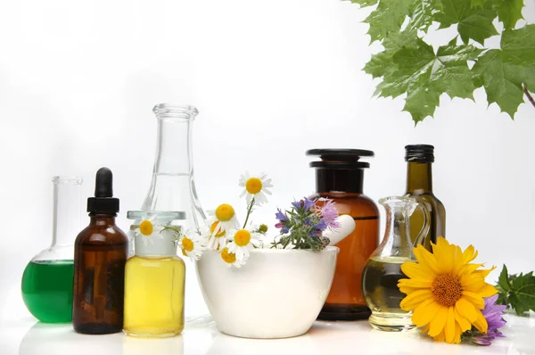 Composition Bottles Essential Oils White Background — Stock Photo, Image