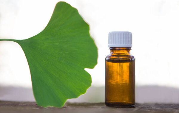 Ginkgo biloba leaves and medicine bottles.