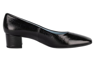 Zarif kadınların topuklu ayakkabıları parlak siyah deri ayakkabılar içinde düşük kare topuk ve basit klasik tasarım.