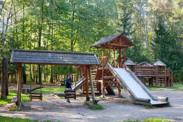 Moscow September 2018 People Wooden Swing Slide Trees Playground Losiny — Stock Photo, Image