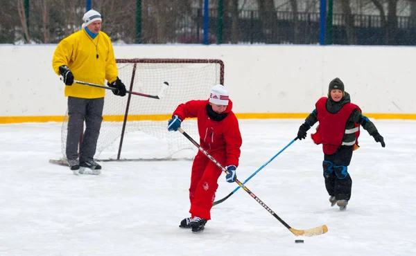 Moscow Russia January 2019 Two Boys Adult Man Playing Hockey — Stock Photo, Image