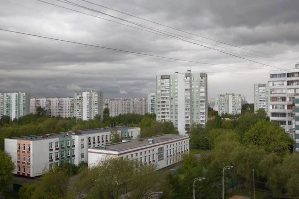 Buildings Green Trees Stormy Sky Spring Day Moscow — Stock Photo, Image