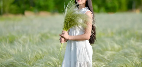 夏日的黄昏时 田野里的草在夕阳西下时 一个女孩跑过田野采花 — 图库照片