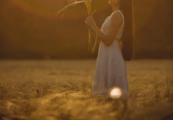 晴れた日の日没に畑の夏の草少女が畑を駆け抜け花を集めています — ストック写真
