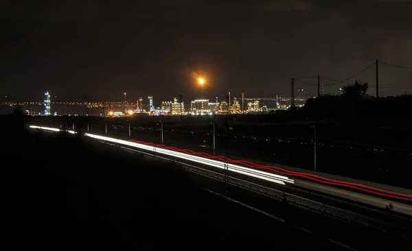 Factory Smoke Stack Petrochemical Plant Oil Gas Refinery Trai Lighttrails — Stock Photo, Image