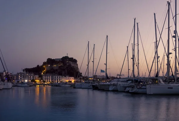 Solnedgång Fritids Och Turist Marina Ligger Stan Denia Alicante Vid — Stockfoto