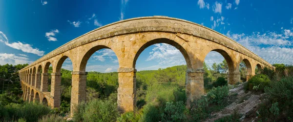 Panoramic View Entire Roman Aqueduct Pont Del Diable Tarragona Declared — стоковое фото