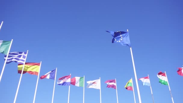 Drapeaux des pays de l'Union européenne contre le ciel bleu — Video