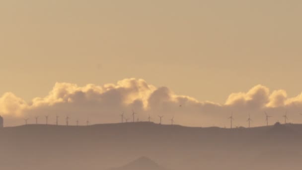 Ветряные мельницы на Сансет. Силуэт ветряной турбины, генерирующей электричество — стоковое видео