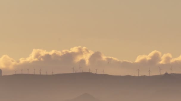 Timelapse Molinos de viento al atardecer. Silueta de Electricidad Generadora de Turbinas Eólicas — Vídeo de stock