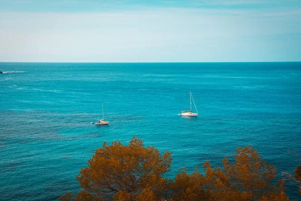 Två seglar båten på blåa Medelhavet vatten i Ibiza island — Stockfoto