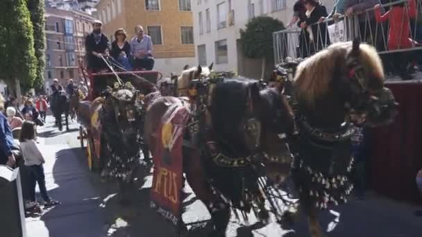 Реус, Испания. Март 2019: Лошади тянут автобус вокруг центра города в фестивале Трес Гробницы cavalcade — стоковое видео