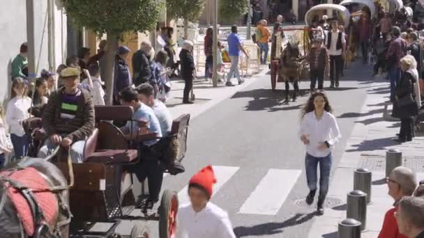 西班牙雷乌斯。2019年3月: 在特尔斯墓节的行列中, 马、驴和骡子拉着长途汽车在市中心转悠 — 图库视频影像