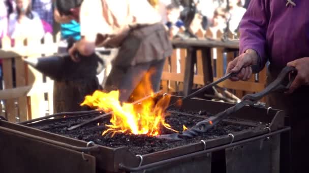 Horno herrero con plancha caliente, brasas ardientes y chispas en cámara lenta . — Vídeos de Stock