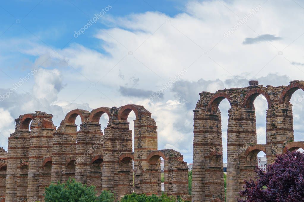 Famous roman aqueduct of los Milagros in Merida, Spain
