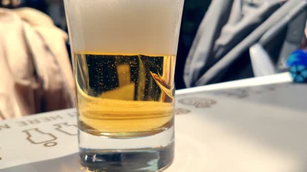 Echtes Bierglas mit Blasen in Zeitlupe — Stockvideo