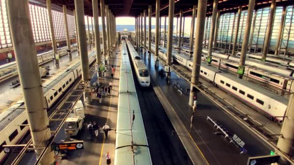 マドリード・プエルタ・デ・アトーチャ駅のトップビューに到着するアベニュー高速列車 — ストック動画