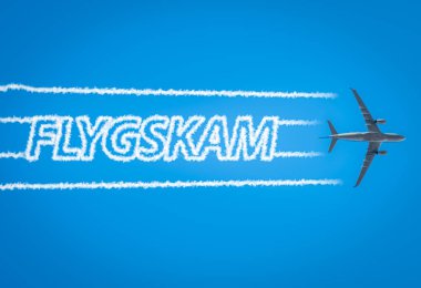 Airplane leaving jet contrails with Flygskam word inside clipart