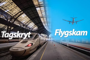 Tren veya tagskryt ve uçuş utanç veya Flygskam ile seyahat gururu ile Dijital kolaj