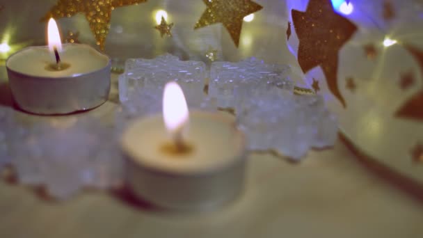 Christmas holiday background with Christmas decorations with traditional ornaments and candle light — Stock Video