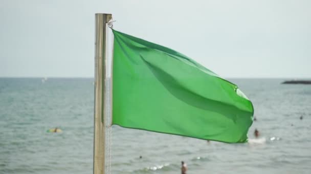 スローモーションビーチで硬い風に乗って飛ぶ緑の安全旗:水泳が許可されました. — ストック動画