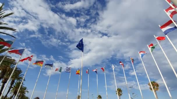 Bandeiras de países europeus em Flagpoles contra um céu nublado — Vídeo de Stock