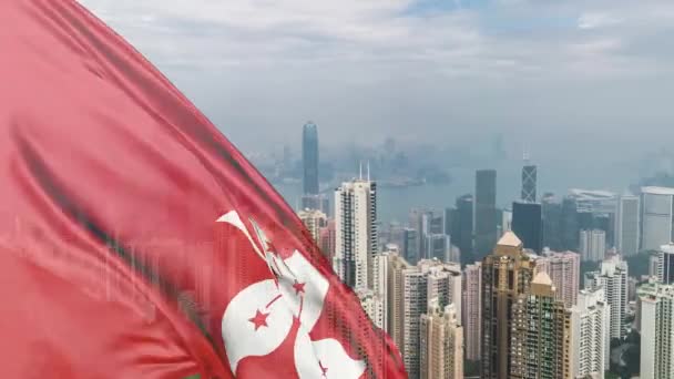 Hong Kong national flag waving over a panoramic view of hong kong skyline. — Stock Video