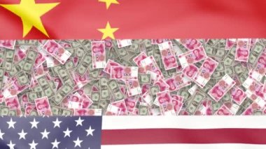 Çin yuanı ve Amerikan doları banknotları ABD ve Çin ulusal bayraklarıyla dönüyor.