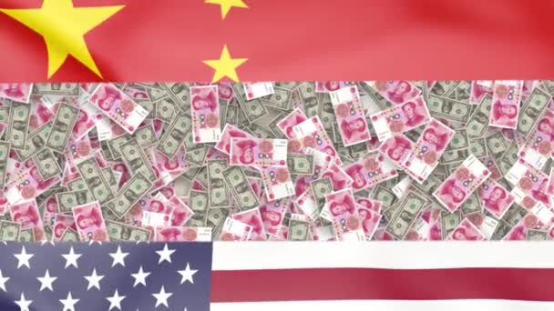 Китайські юані та американські доларові банкноти обертаються з Національними прапорами США та Китаю. — стокове відео