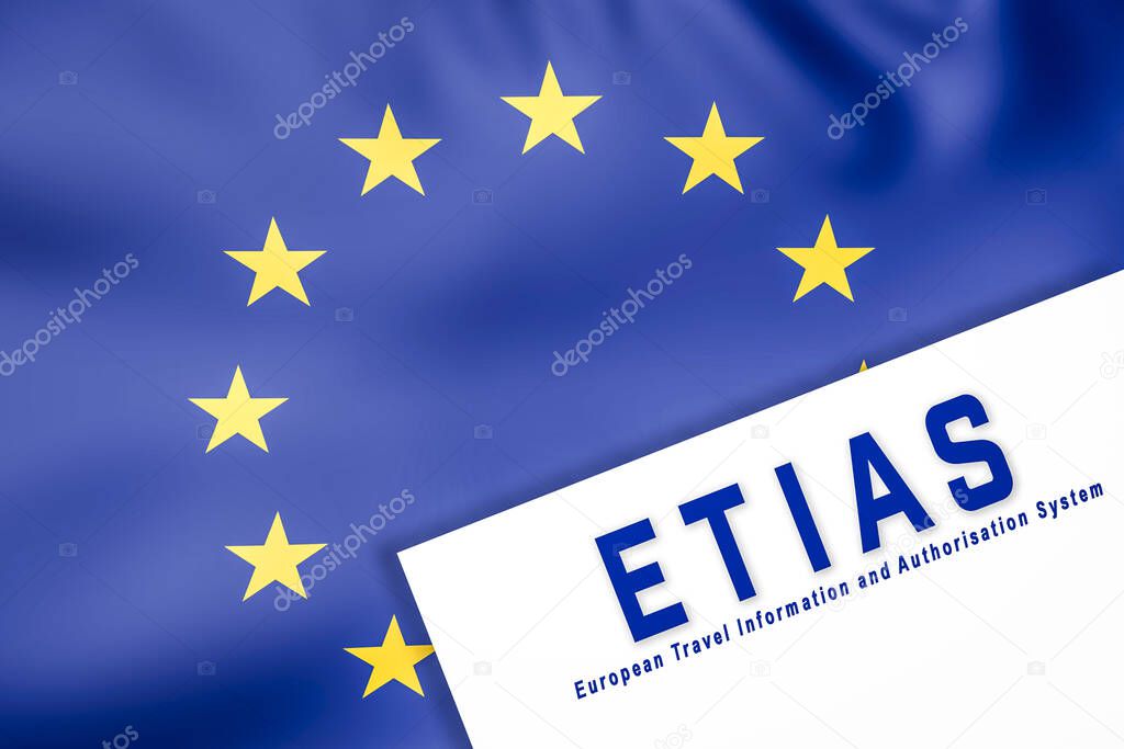 European Union waving flag and ETIAS paper