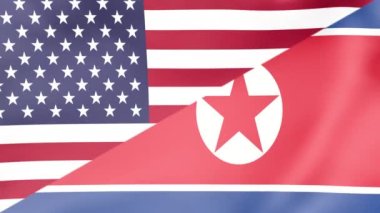 Amerikan ve Kuzey Kore bayrağı. Rüzgarda dalgalanan renkli ABD ve Kuzey Kore bayrağı