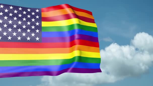 Birleşik Devletler ve gökkuşağı bayrağı birleşmiş ve dalgalanıyor. — Stok video