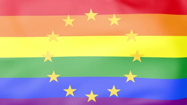 Avrupa Birliği ve gökkuşağı bayrağı birleşmiş ve dalgalanıyor. — Stok video