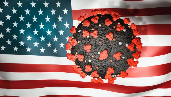3D коронавирус против национального флага США. — стоковое фото