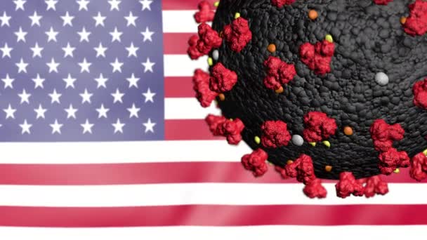 Arka planda ABD bayrağı olan 3D Dev Coronavirus — Stok video
