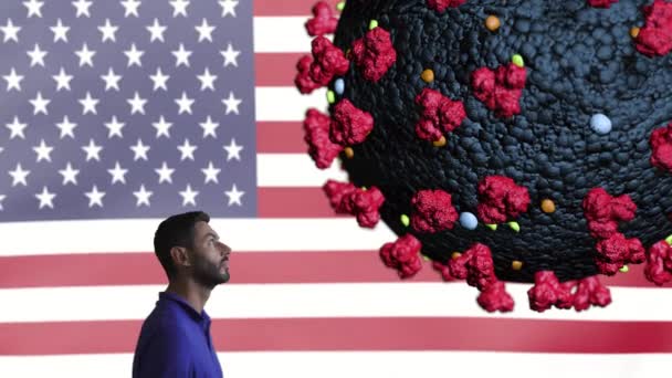 Zicht op een blanke man kijkend naar 3D Coronavirus met de vlag van de VS — Stockvideo