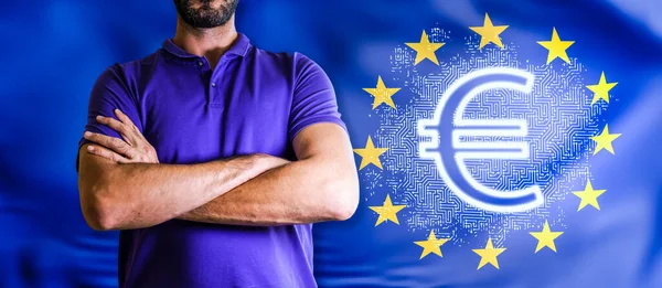 Torso de un hombre Joven con los brazos cruzados contra el euro digital y la bandera de la UE — Foto de Stock