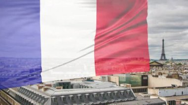 Arka planda Paris manzarası dalgalanan Fransa bayrağı.