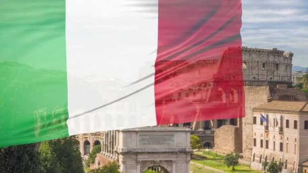 Im Hintergrund weht die italienische Flagge mit dem Stadtbild von Rom.
