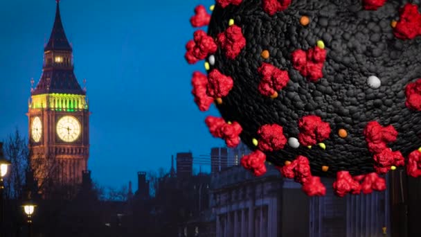 3D Giant Coronavirus met Londense stadsgezicht op de achtergrond — Stockvideo