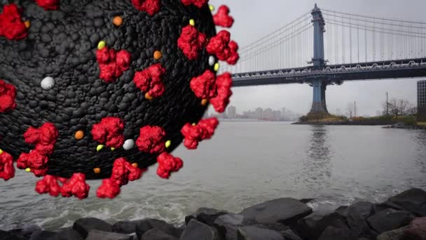 3d coronavírus gigante com vista lateral da estrutura da ponte de Manhattan no fundo — Vídeo de Stock