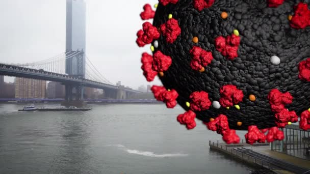 3d Óriás koronavírus oldalnézetben a Manhattan híd szerkezete a háttérben — Stock videók
