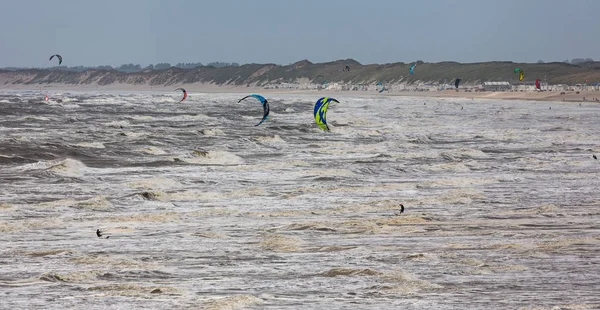 Dutch beach with stormy weather and many active kite surfers — Stock Photo, Image